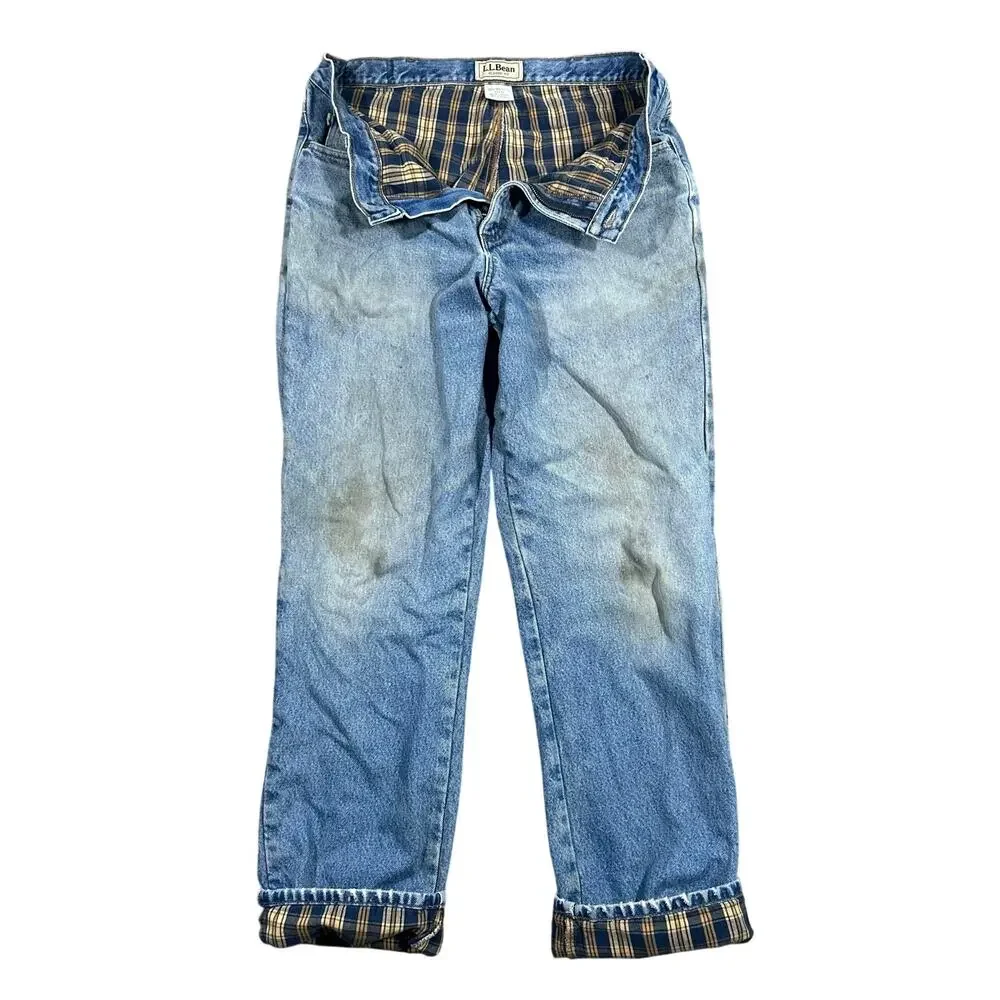 Vintage L.L. Bean Flannel Lined Jeans 34x32 Relaxed Fit Faded Distressed Men’s